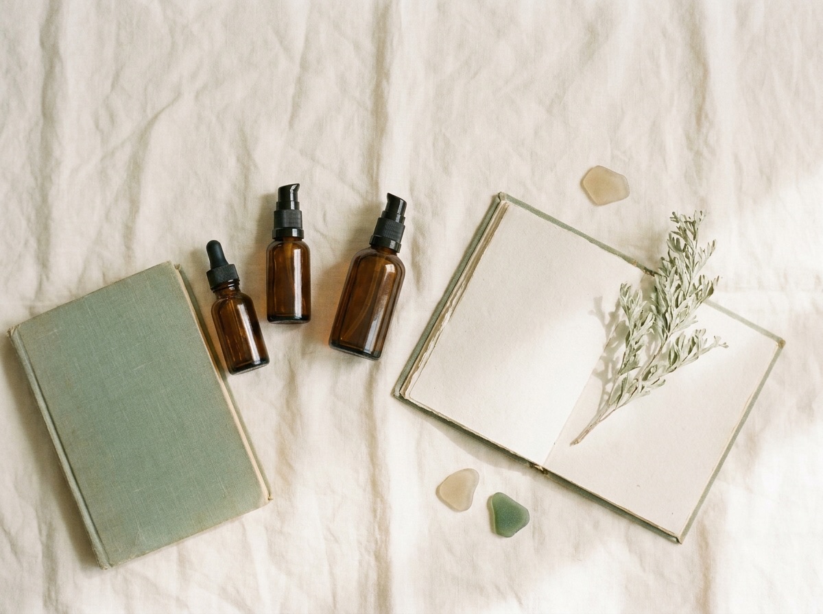 Overhead view of three amber glass bottles on washed linen beside a cloth-bound book, an open notebook with a botanical sprig laid across it, and three pieces of sea glass