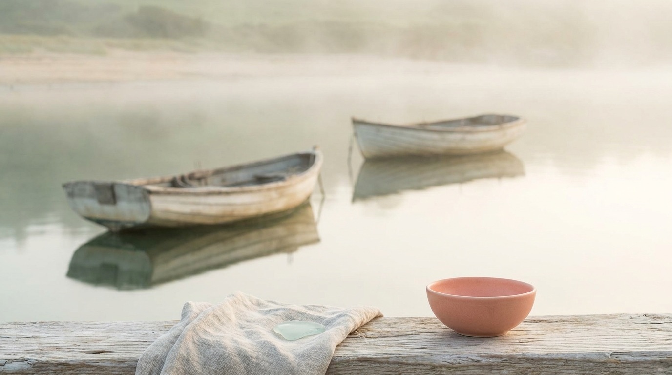 Two wooden boats at rest on flat water in morning mist, with a linen cloth and a shallow coral bowl on the weathered plank in the foreground