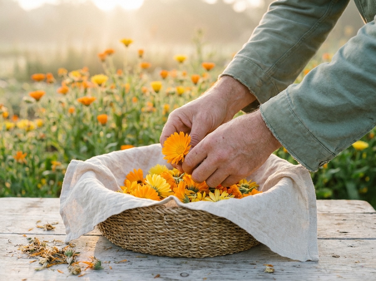 Hands laying calendula blossoms into a linen-lined basket at the edge of a flowering field, faces out of frame