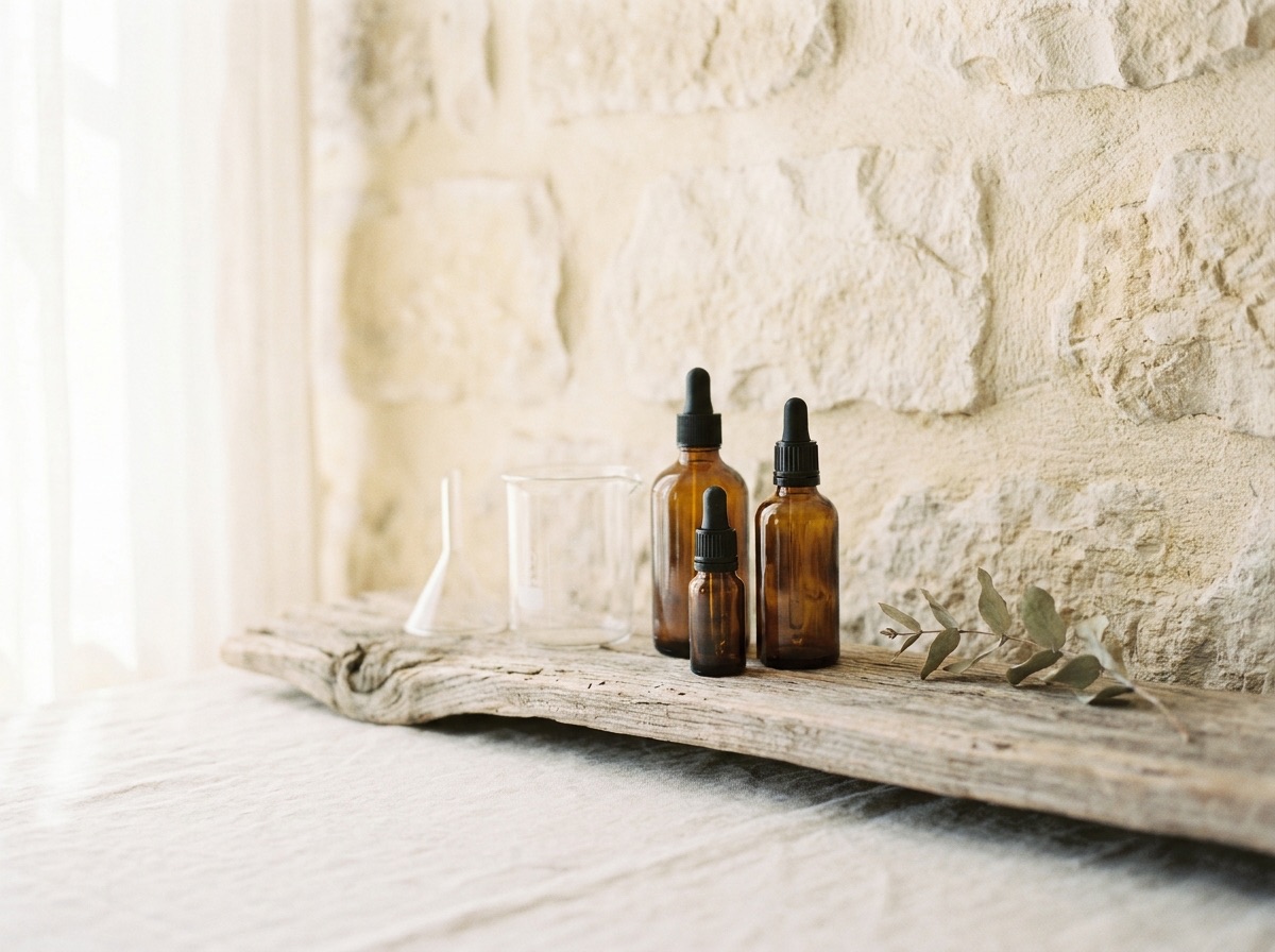 Amber glass bottles and a small beaker on a driftwood shelf against a pale stone wall, with a dried sprig beside them